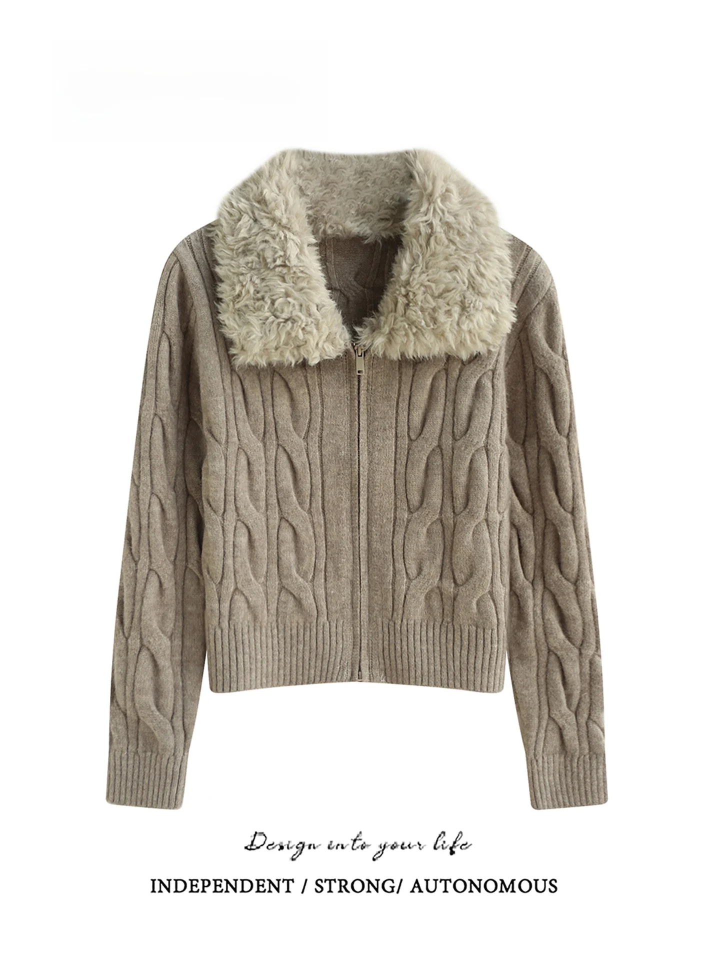 

Double Zipper Twist Knit Long Sleeve Sweater Cardigan Coat Collar Warmth Winter Fashion for Young Women Online Exclusive