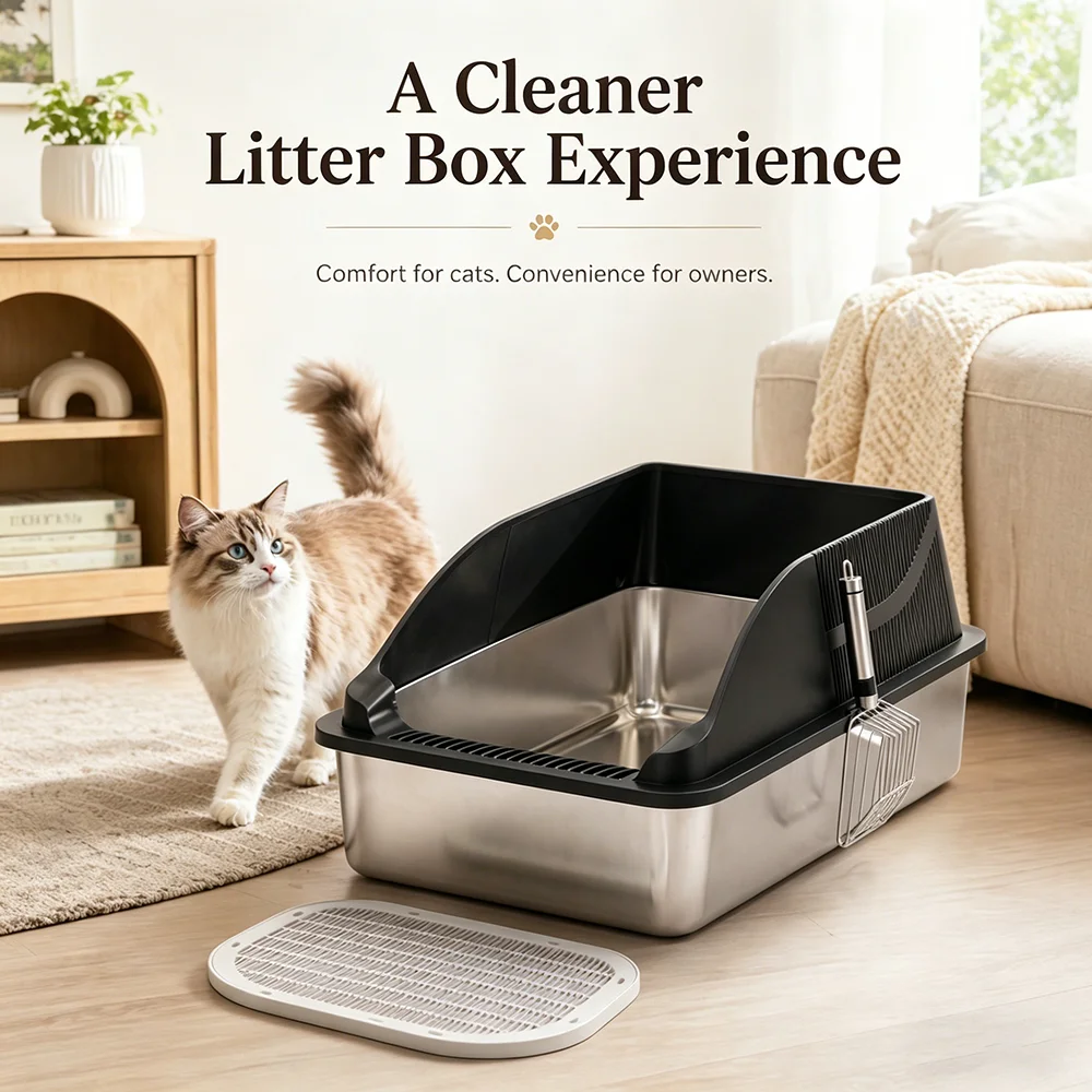 OEM Large 20L Open Top Stainless Steel Cat Litter Box Eco-Friendly Non-Stick Easy Clean High Side Shield Mat for Indoor Cats