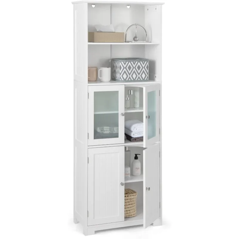 Bathroom Storage Cabinet, Freestanding Floor Cabinet w/2 Glass Doors & 2 Open Shelves, 3-Position Adjustable Shelves