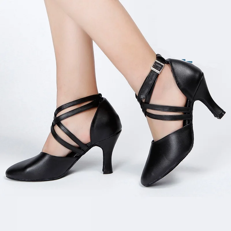 Zapatos de baile latino para mujer, calzado de cuero de tacón alto, cuadrado, transpirable, moderno, suela suave, para baile de salón