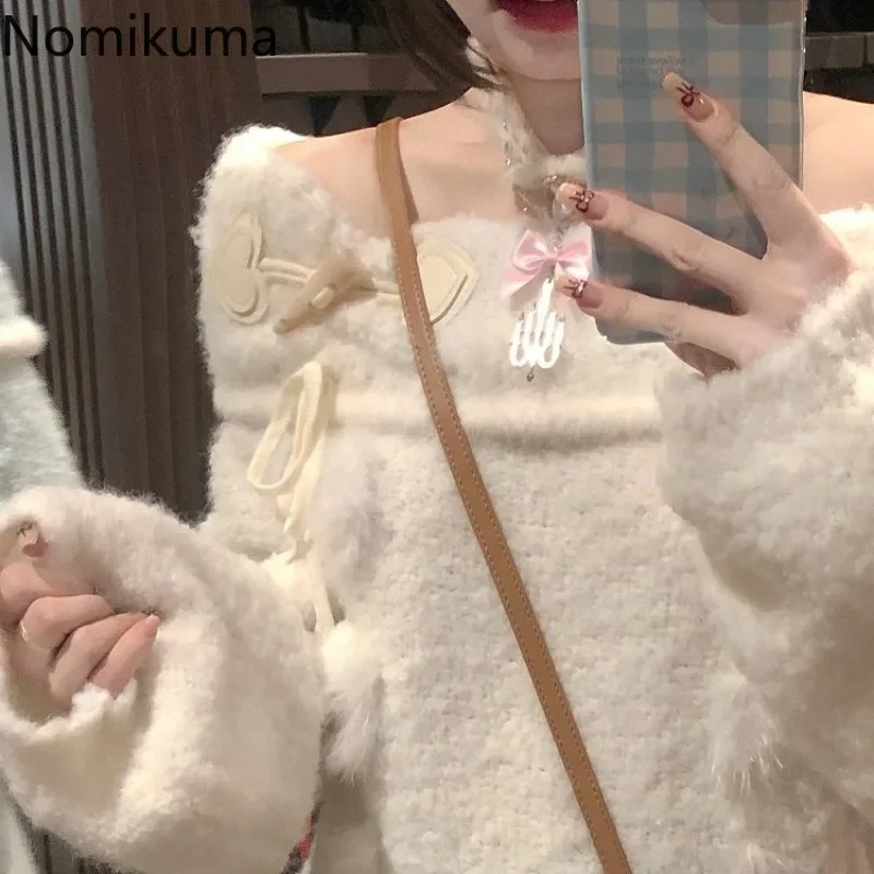 Słodki sweter koreański sweter damski Pull Femme Bow głęboki dekolt Off ramię Sueter Mujer moda codzienna swetry z dzianiny