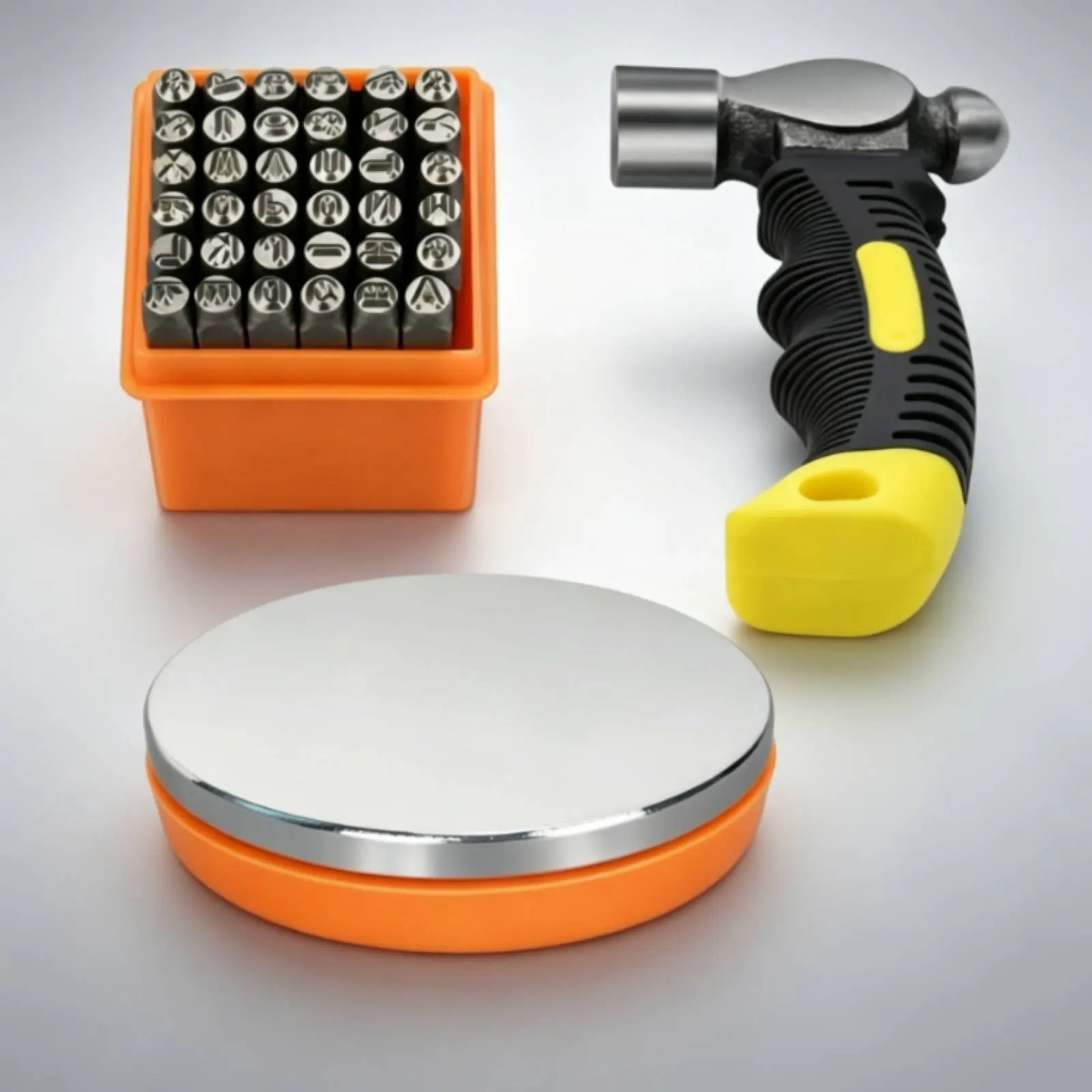 

Jewelry Stamping Tool Kit Ergonomic Rubber Handle Metal Stamp Kit with Hammer and Bench Block Letter Set and Number Stamp Set