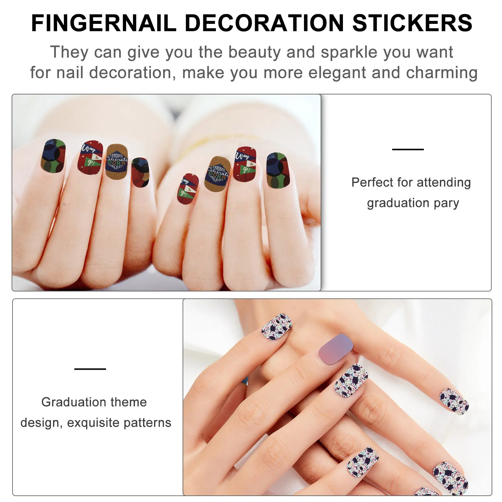 

16 Sheets Graduation Theme Nail Art Stickers Durable Fingernail Patches Stylish Decoration Unique Adornment Easy Apply Natural