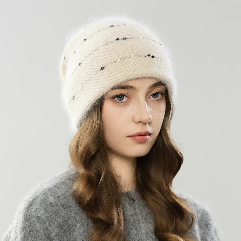 

Angora Hat Women Winter Knit Hat Rhinestone Double Layers Casual Warm Accessory For Autumn Outdoors Sports Cold Weather