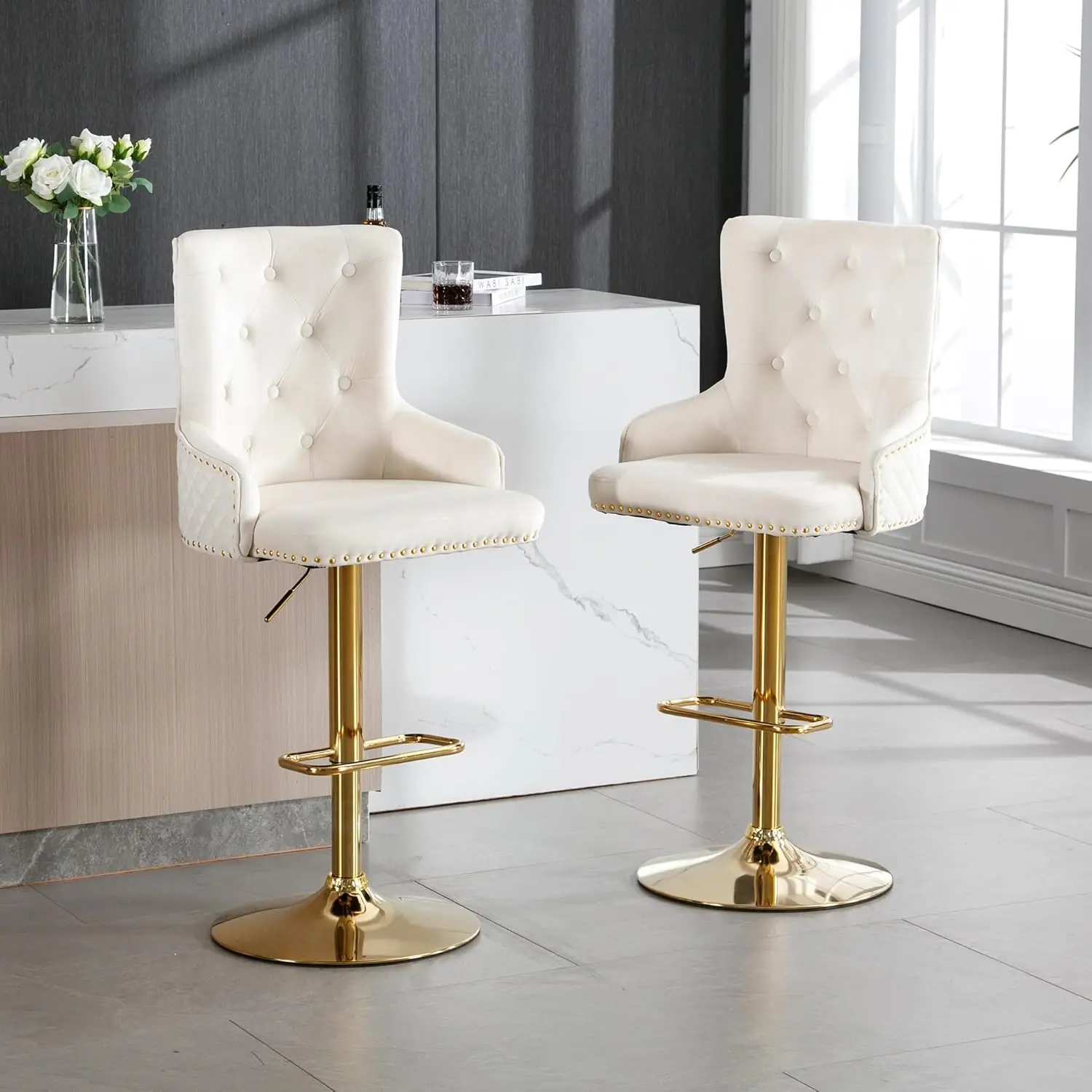 Velvet Bar Stool Set of 2 Golden Lion Pull Ring Swivel Chair for Kitchen Counter Nailhead Upholstered Barstools Height Adjustabl