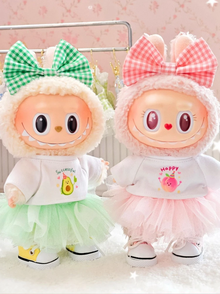 Ensemble de vêtements pour robe Labubu, avec hauts à nœuds à carreaux, jupes en Tulle imprimées pêche et avocat, pour 15/17cm, Labubu V1V2V3