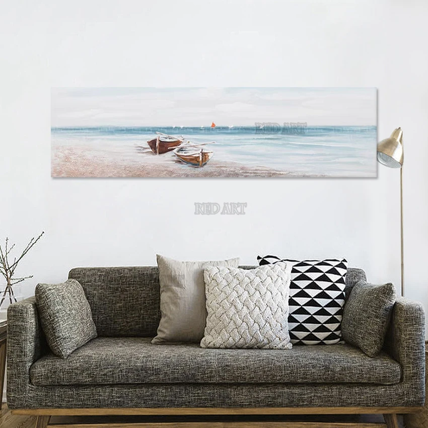 Large Wall Decor Canvas Art Hand-painted Unframed Beach Scenery Sailing Boat Oil Painting Picture Artwork For Living Room Show