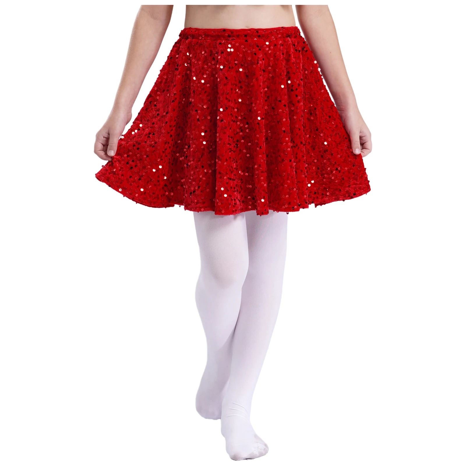 Kids Girls Christmas Party Costume Sparkle Sequin Velvet Skirt with Elastic Waist for Holiday Celebration Activity Dress Up