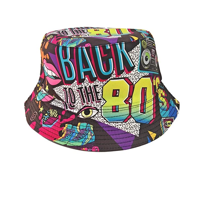 Modischer Retro-Graffiti 80er 90er Bucket Hat für Männer und Frauen, Lustiger Sommer-Frühling-Strand-Anglerhut, Packbarer Outdoor-Sonnenhut – Detail 2