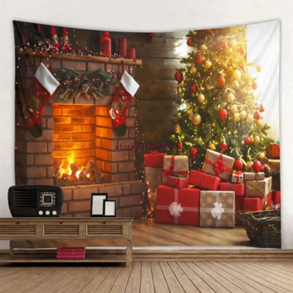 Home decoration christmas tapestry snowflake santa winter night fireplace print wall decoration tapestry 230x180cm tapiz