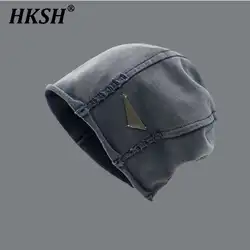 HKSH Autumn Winter New Men's Tide Retro Metal Tag Stacked Hat Women Versatile Japanese Knitted Chic Fashion Spliced Cap HK3446