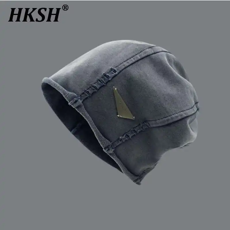 HKSH Autumn Winter New Men's Tide Retro Metal Tag Stacked Hat Women Versatile Japanese Knitted Chic Fashion Spliced Cap HK3446