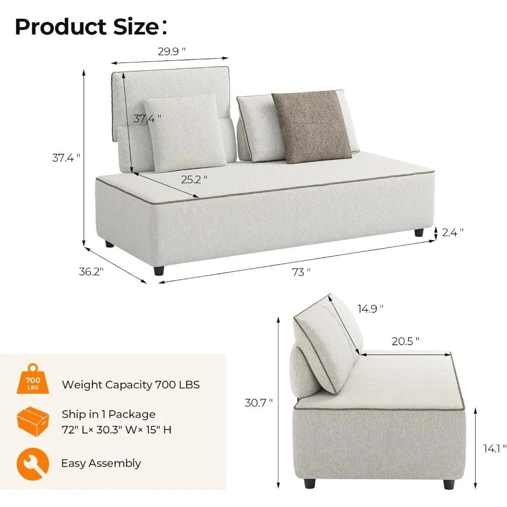 73” Chaise Lounge Indoor, Armless Loveseat Sofa with Movable Backrest, Modern Sofa Bench with 2 Pillows& High Resilience Foam