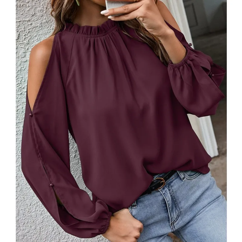 Sexy Off Shoulder Women\'s Blouse 2024 Spring Autumn Long Sleeve Casual Loose Shirt Black Green Tops Office Ladies Blouses