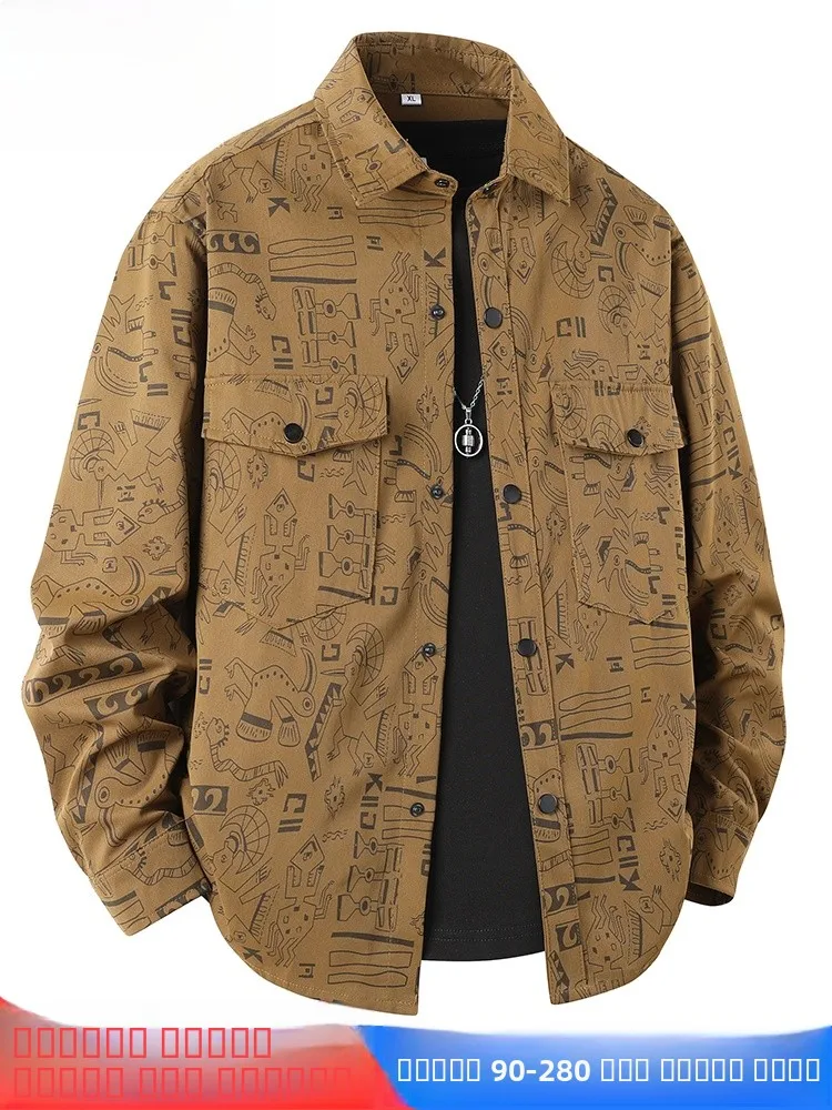 Loose Fit Printed Large Size Shirt Men's Spring 2025 New Style Casual Collar Jacket Upper Apparel Polyester Fiber Long Sleeve