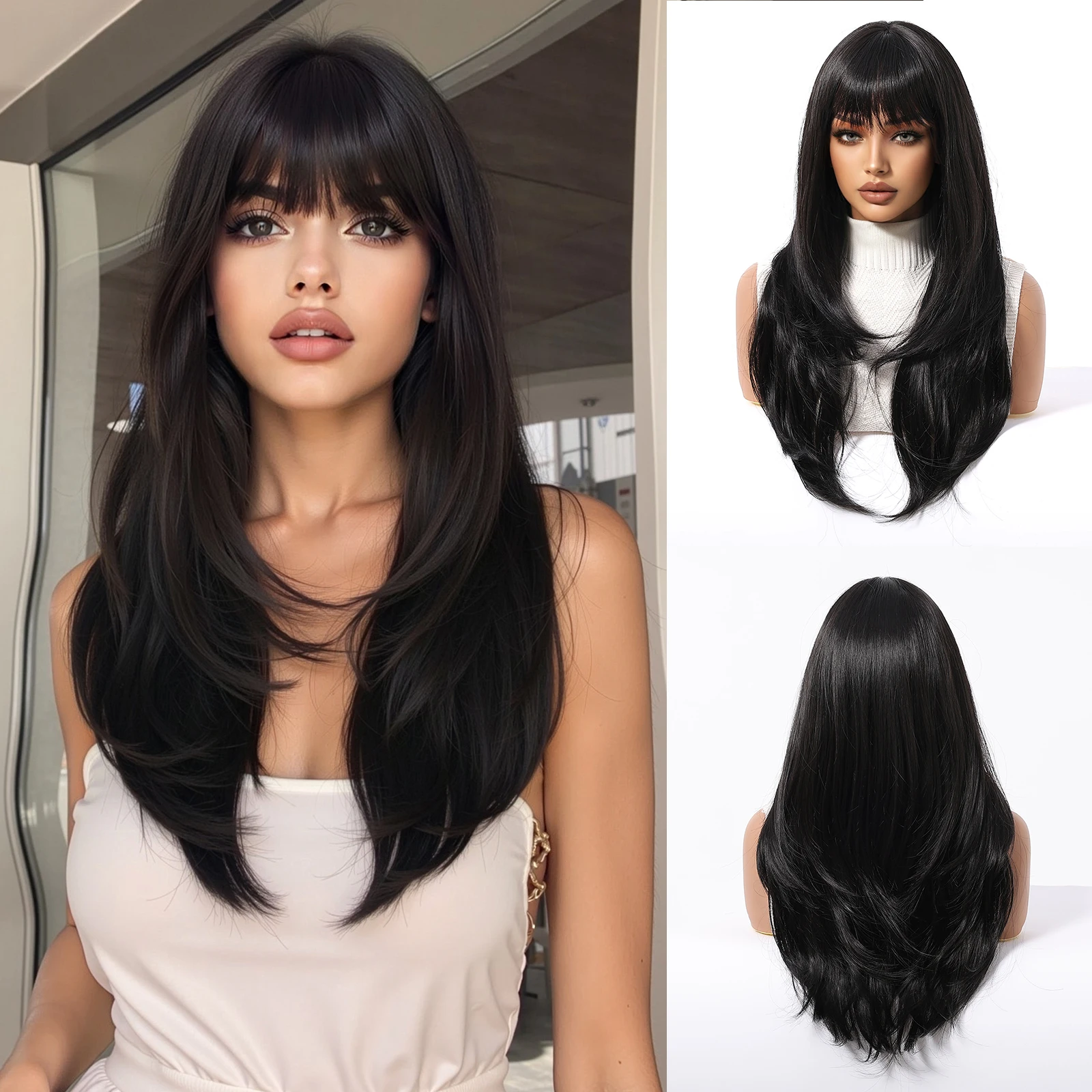EASIHAIR Lange blonde synthetische Perücken für Frauen, gerade, geschichtete Naturhaar-Perücken mit Pony, hitzebeständige Perücken für den täglichen Gebrauch – Detail 16