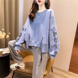 New Spring and Autumn Korean Embroidery Lazy Fashion Zipper Round Neck Thin Loose Versatile Female Student Long Sleeve Sweater