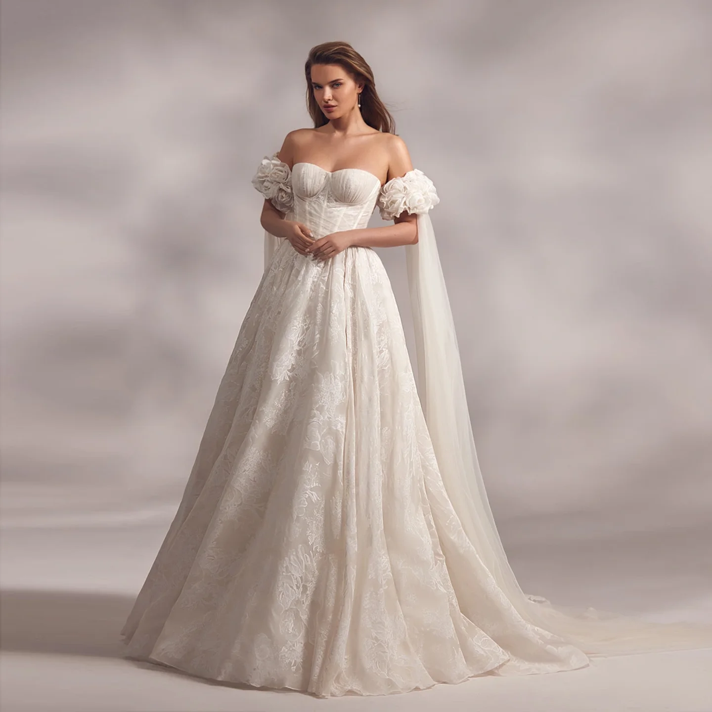 

Sharon Said 2025 Vintage Sweetheart Off White Tulle Wedding Dress With Detachable Floating Sleeves Bridal Gowns SW274 Customized