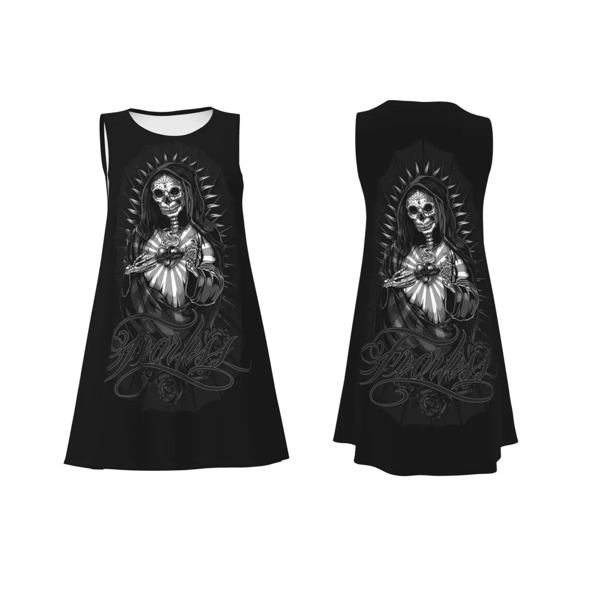 Santa Muerte Spanish Holy Death Summer Women Short Sleeve Dress Casual Sleeveless Round Neck Loose Dresses Weekend Holiday