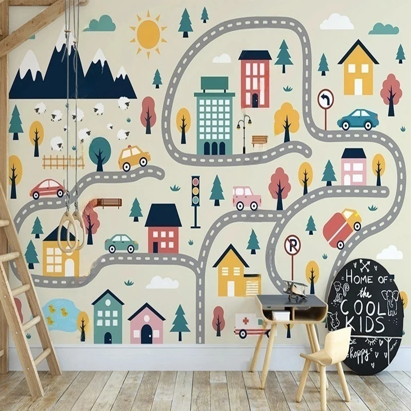 

Custom Mural Wallpaper Nordic Style Hand-Painted Cartoon Houses and Roads with Cars Design for Kids Room Bedroom Background
