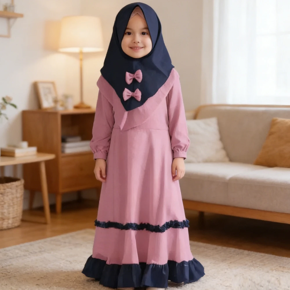 

2PCS Sets Traditional Flowers Kids Clothing Fashion Child Abaya Muslim Girl Dress Robe Abaya Islamic Children Hijab Dresses