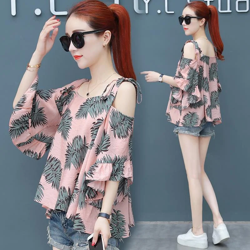 Chiffon blouse women loose chiffon blouse one-line neck broken flower open shoulder T-shirt summer short-sleeved blouse female