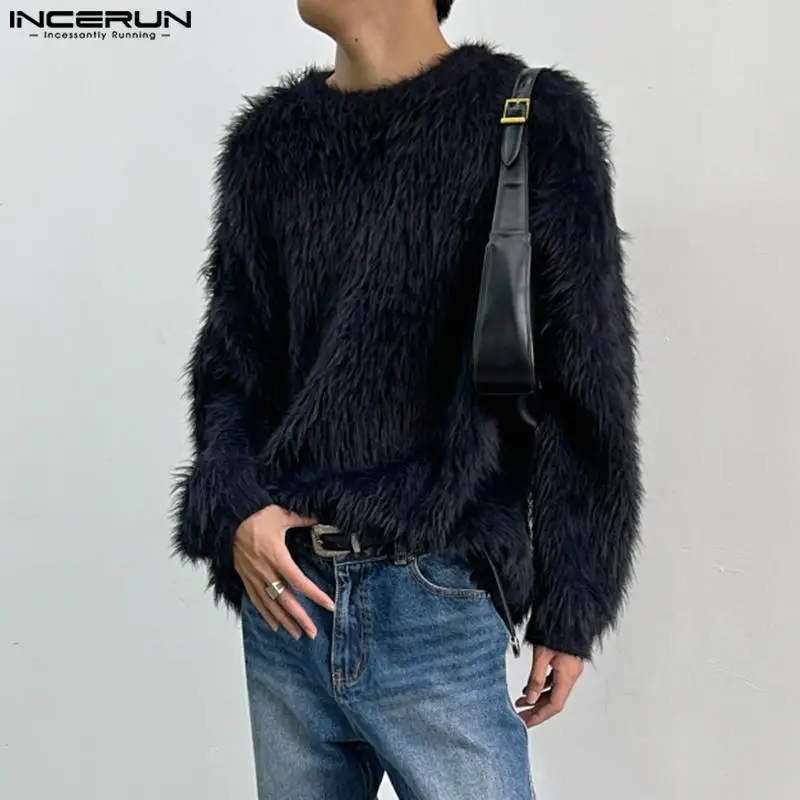 2023 uomini pullover tinta unita peluche o-collo manica lunga moda Casual uomo abbigliamento Streetwear autunno maglioni S-5XL INCERUN