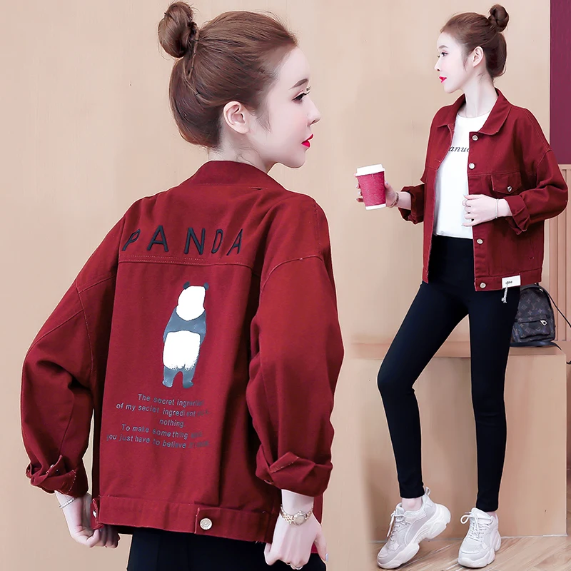 Red Denim Jaet ort Women's Loose Fit Spring New Korean Sle Early Spring ular Top Coat Button Embroidery ket