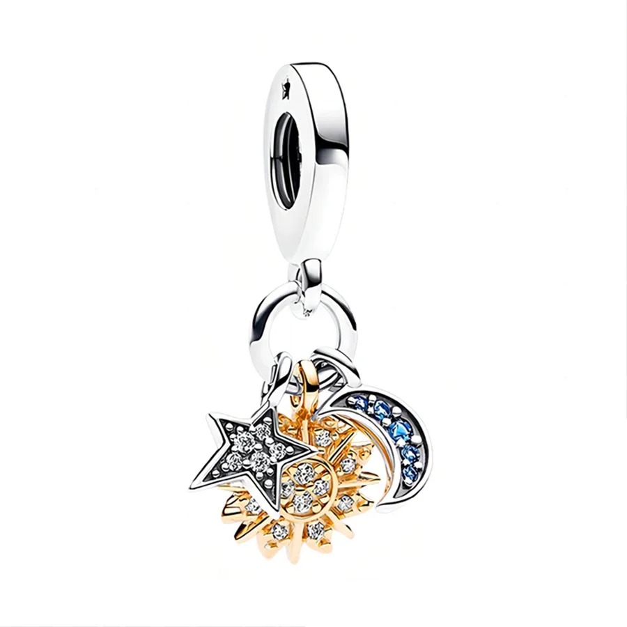 Star, Moon & Sun Triple Celestial Dangle Charm Inlaid Zircon Fit Original Pan Bracelet & Necklace Women DIY Jewelery Gift