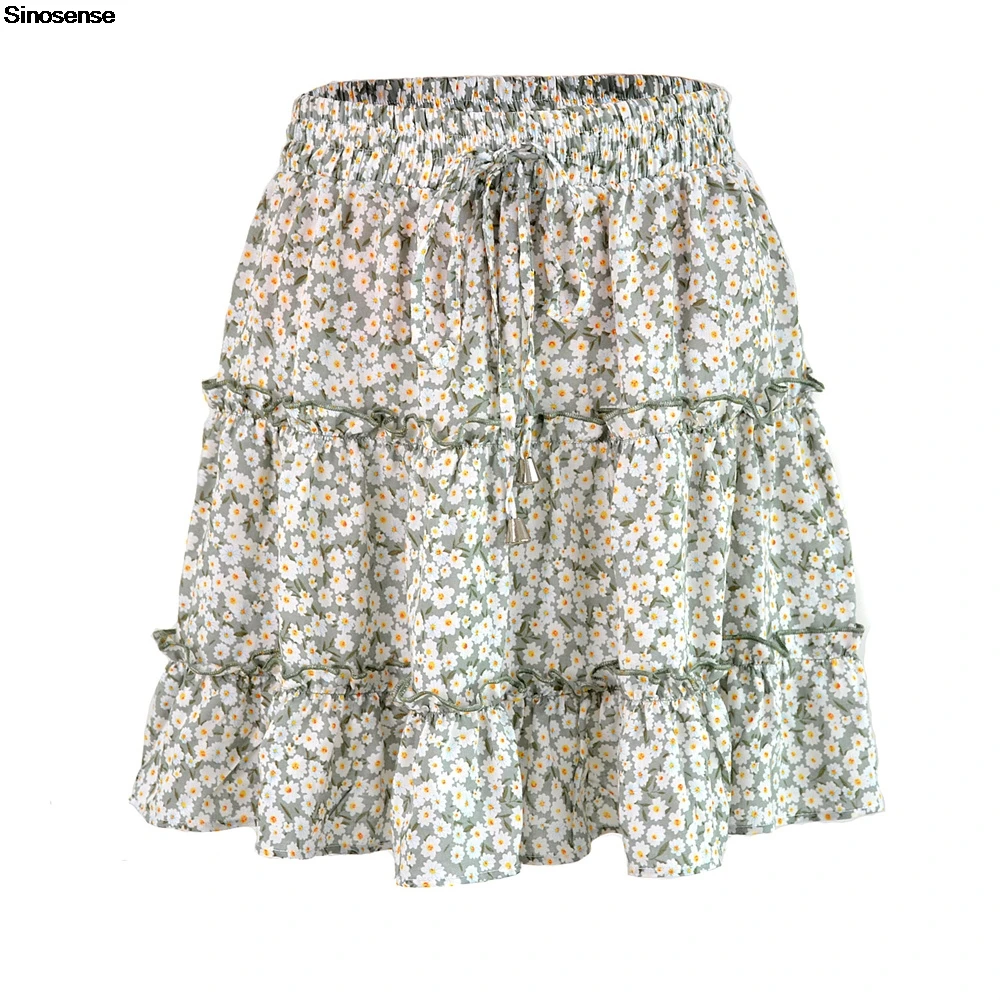 

Womens Summer Cute High Waist Ruffle Skirt Vintage Floral Print A Line Flowy Swing Beach Mini Skirt Drawstring Boho Short Skirts