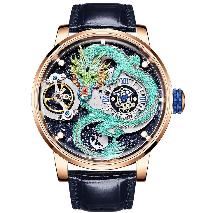 HANBORO Men Automatic Watch Fashion 45.5mm Mechanical Wristwatch Luminous Skeleton Dragon Dial Warerproof Rotatable Background