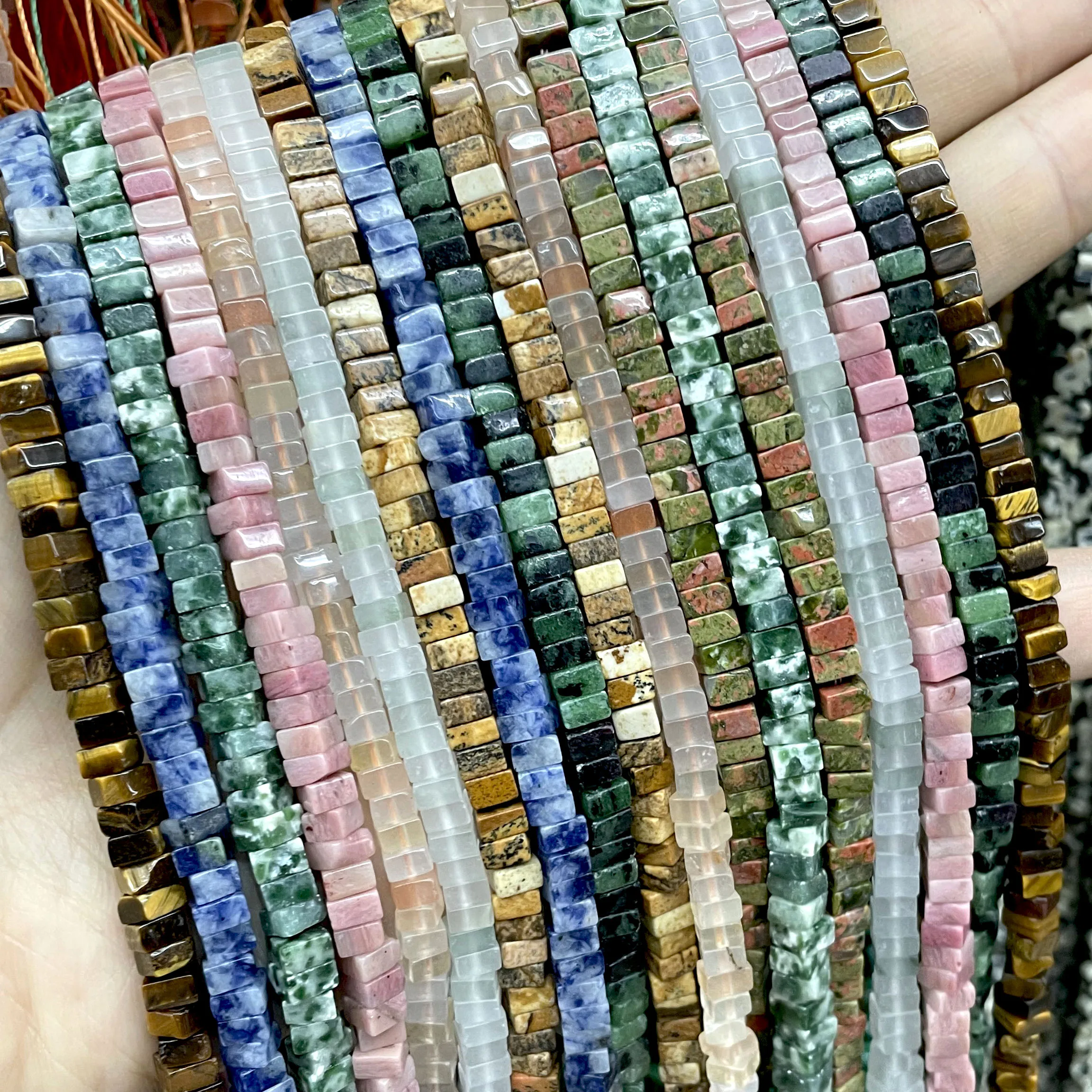2X4MM Natural Stone Square Flake Tiger Eye Jades Rhodonite Loose Spacer Beads For Jewelry Making DIY Necklace Accessories