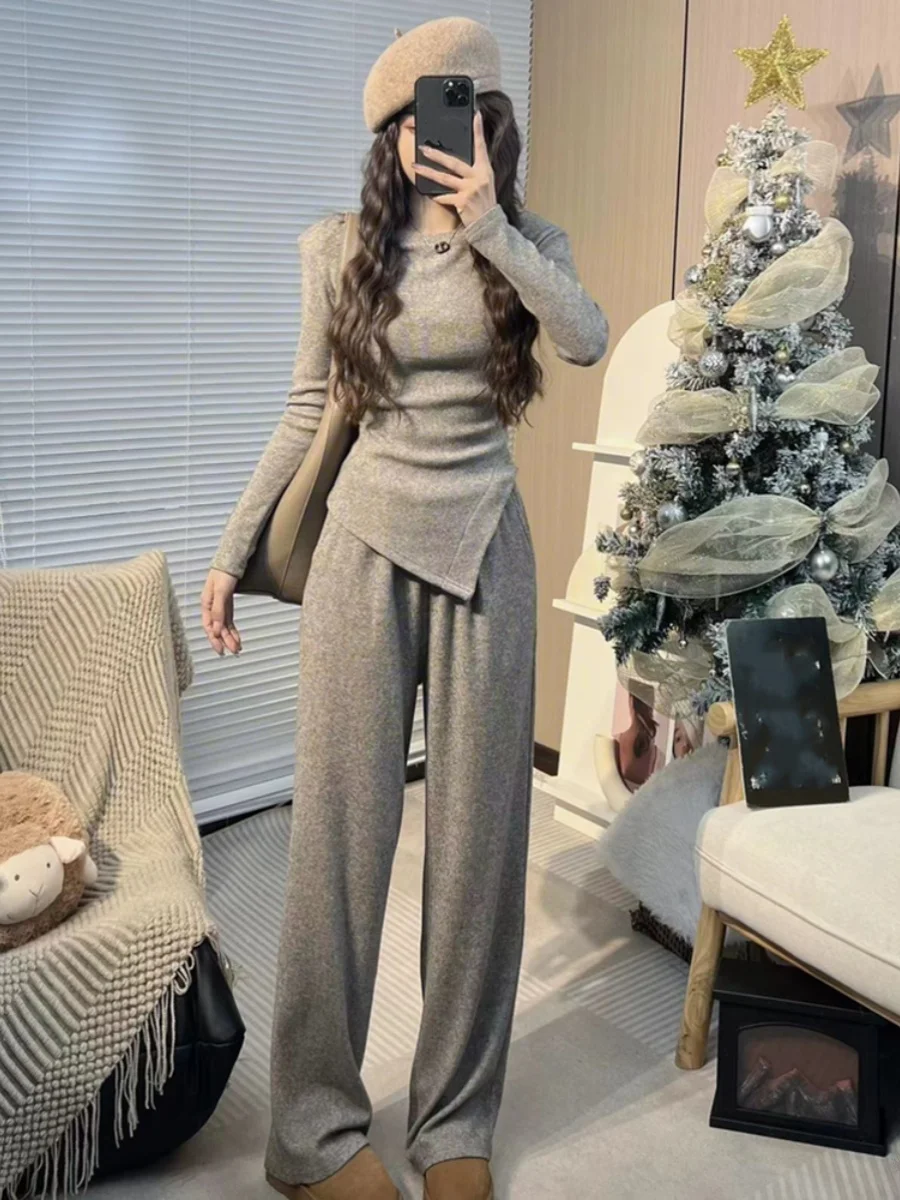 

Slim Fit High Waist Wide Leg Pants Long Sleeve T-Shirt Women's Fashion Set Autumn Wear Cotton Material Two-Piece Suit