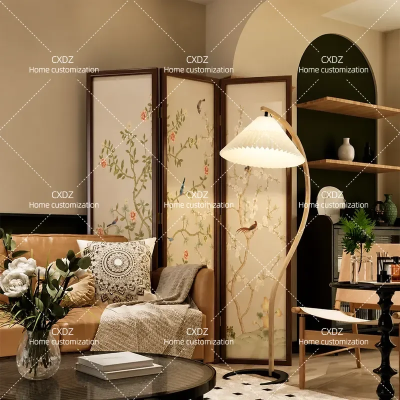 2024 New Elegant Flower and Bird Screen Partition Foldable Mobile Living Room Retro Room Divider Background Wall Decoration