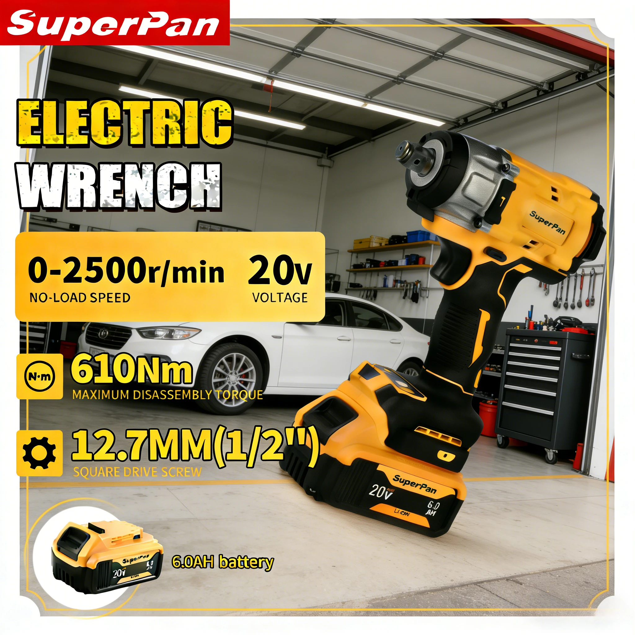 

Ударный гайковерт SuperPan SP922 для обслуживания автомобилей и использования в мастерских, совместим с аккумулятором DeWalt 20V.