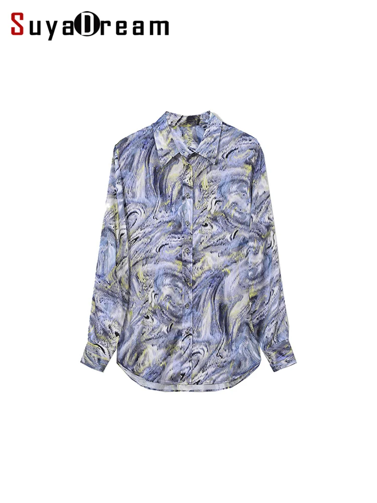 SuyaDreamm, Woman Printed Shirts, 100%Real Silk, Turn Down Collar Blouses, 2024 Spring Summer Office Lady Top