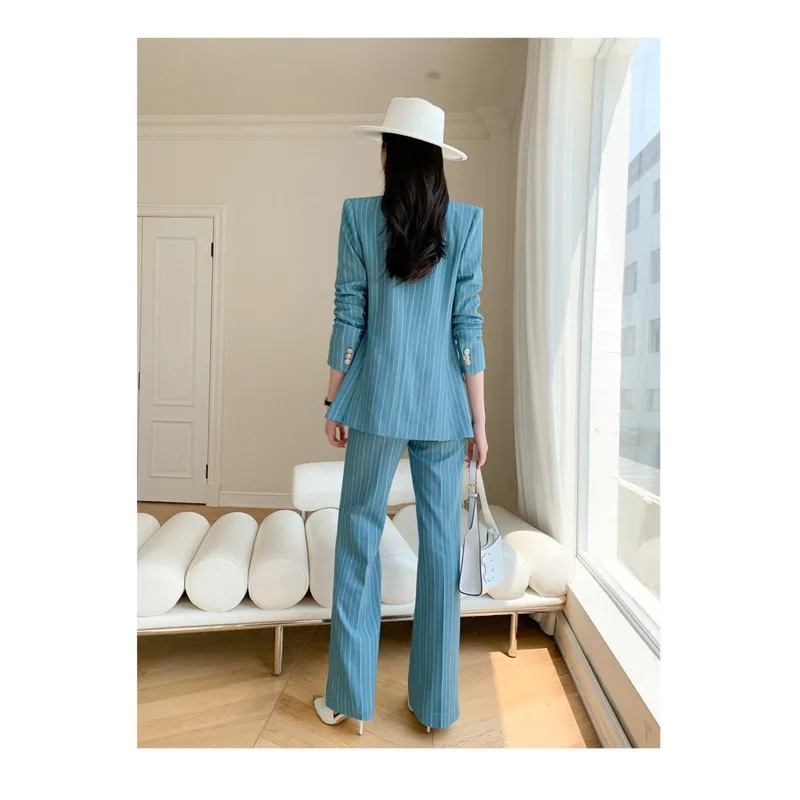 Suit Set 2023 Spring And Autumn Fashion Casual British Style High Grade Stripe Long Sleeve Suit Coat Two Piece Set For Women