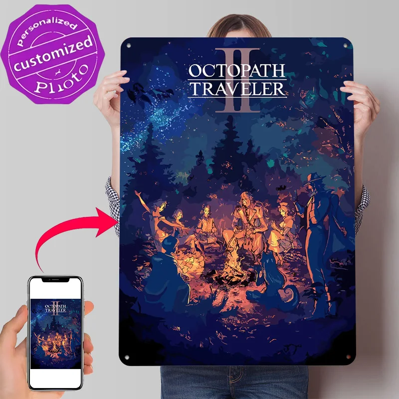 Octopath Traveler II Characters Around Campfire Poster Retro 3D Printed Metal Signs Customized Wall Hanging Gift for Decor Room
