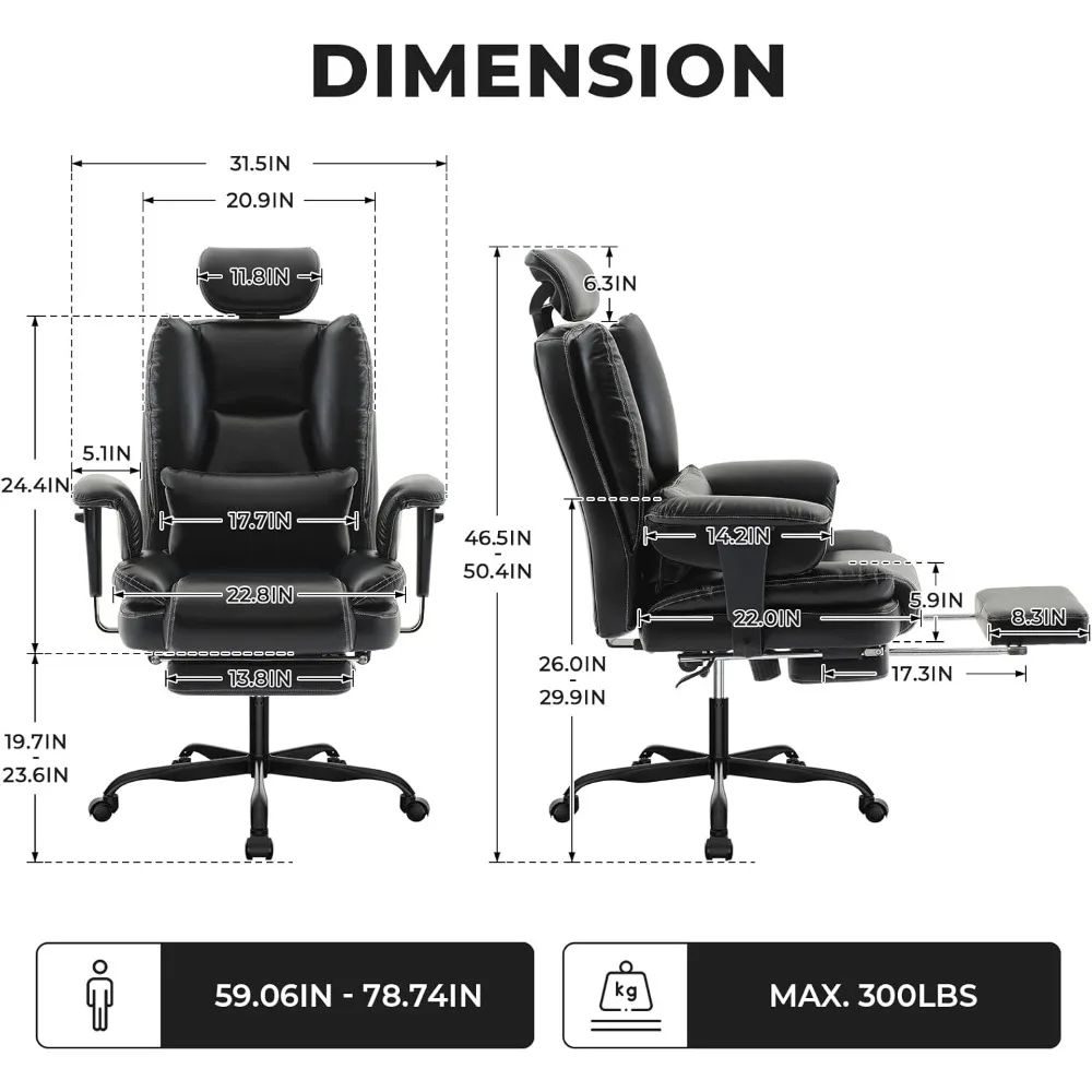 كرسي مكتب كبير وطويل بوزن 500 رطل، كرسي تنفيذي واسع الظهر مع دعم قطني قابل للتعديل، مريح ومريح