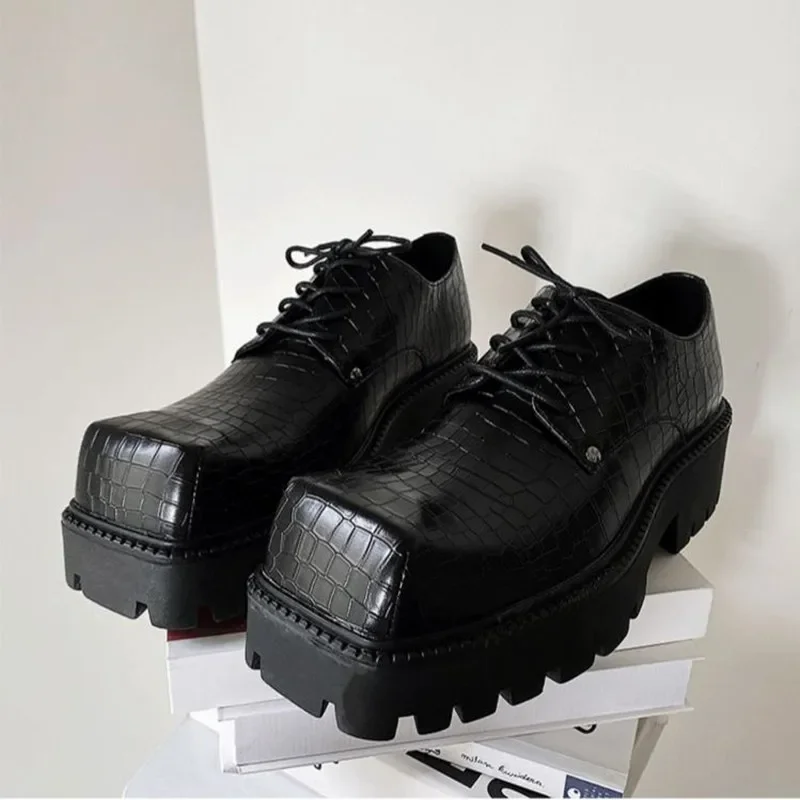 Men's Loafers Leather Motorcycle Boots Crocodile Pattern Casual Oxford Shoes Vintage Square Toe Derby Ankle Shoes Platform - view 5