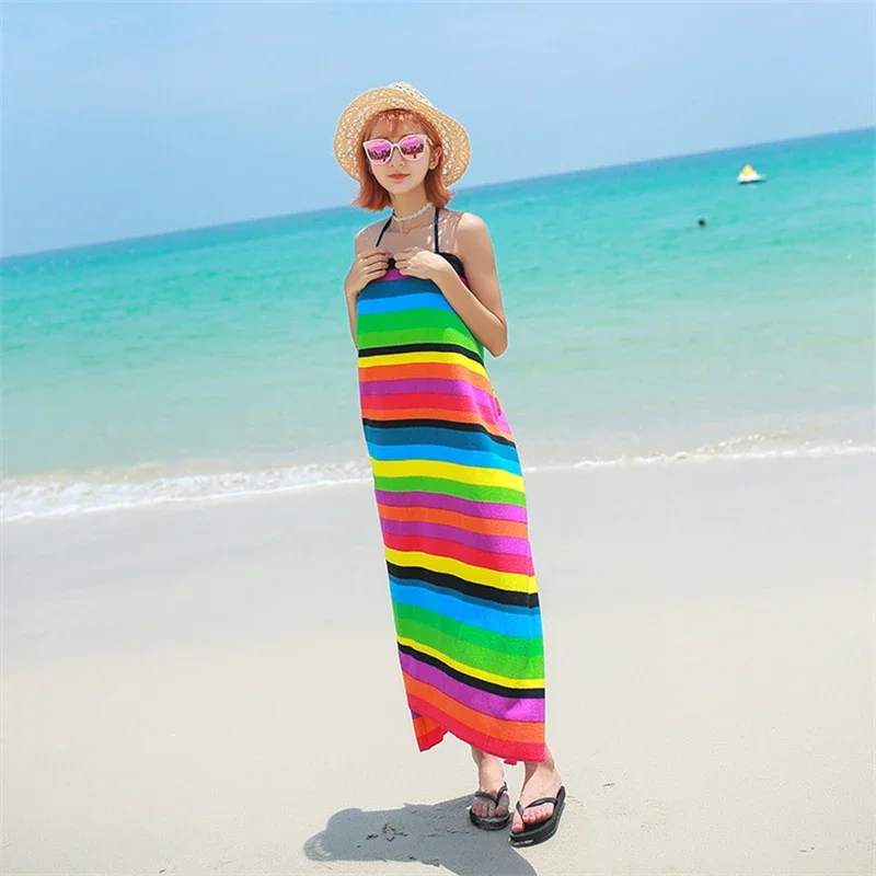 Colorful Vertical Stripe Women Wrap Swimming Towel Microfiber Absorption Water Quick Drying Thick Bath Towel Outdoor Beach Towel