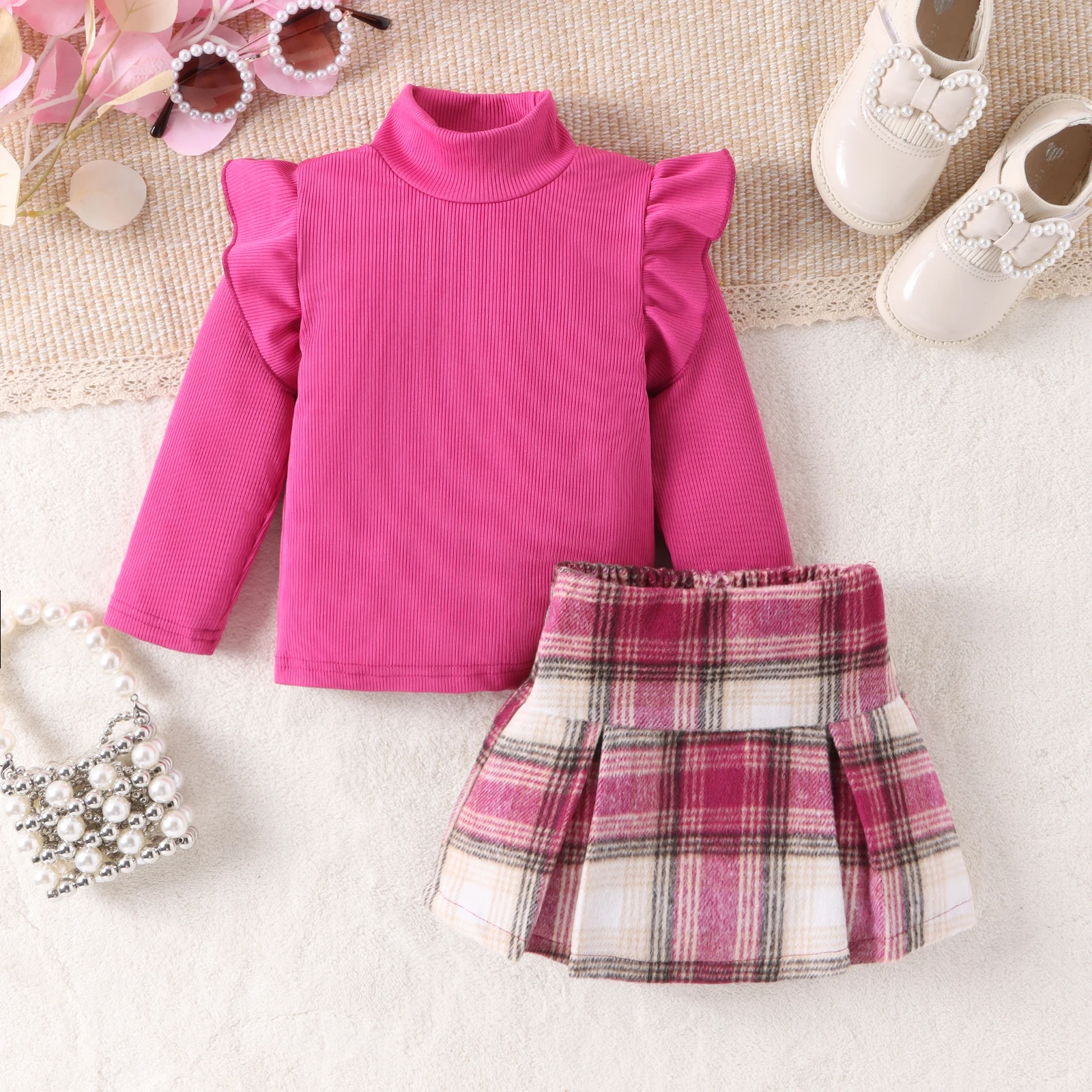 2PCS Autumn New Style 1-4 Year Old Girl Baby Sweet And Fashionable High-Neck Rose Red Pit Strip Top + Plaid Skirt Suit