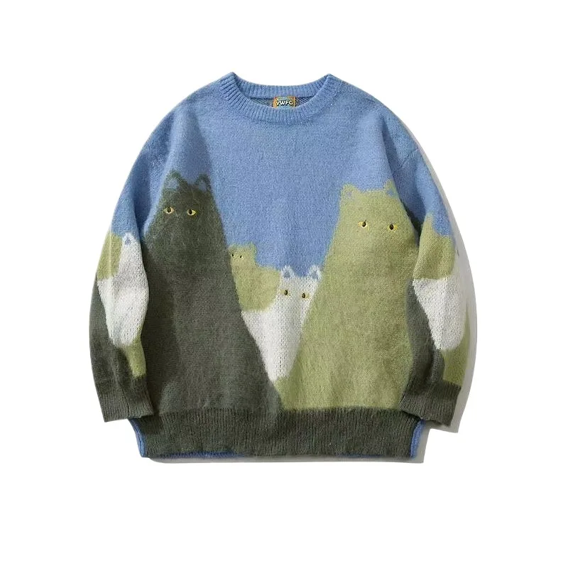 

Мужской модный вязаный свитер с рисунком кота, зимний свободный джемпер для мужчин, уличная одежда, вязаный пуловер в стиле хип-хоп, топы