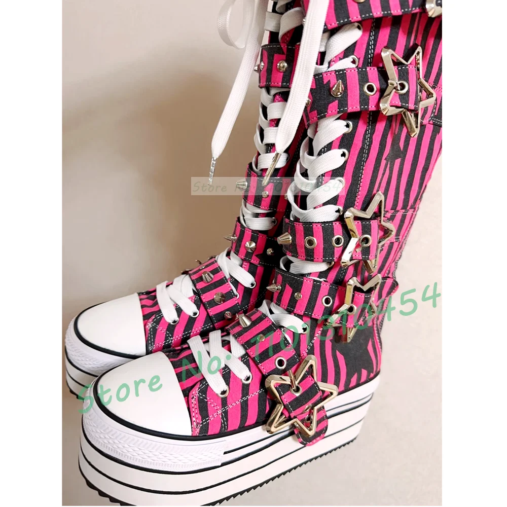 Pink Striped Platform Long Canvas Shoes Girl\'s Sweet Metal Star Belt Buckle Lace-up Boots Fashion Round Toe Cool Lolita Shoes