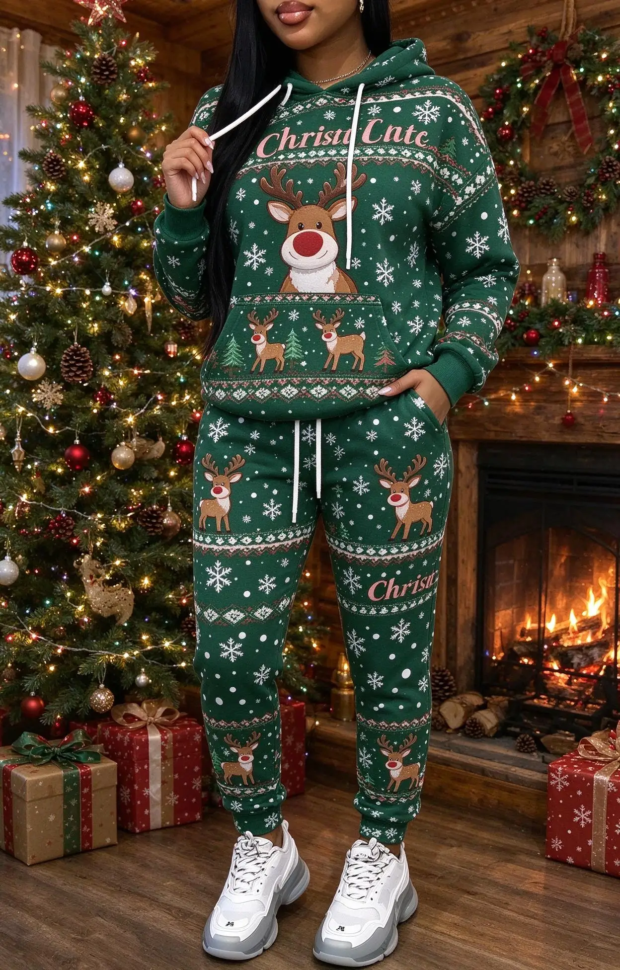 Women Christmas Santa Reindeer Print Hooded Tracksuit, Long Sleeve Hoodie & Cuffed Jogger Pants 2 Piece Outfit