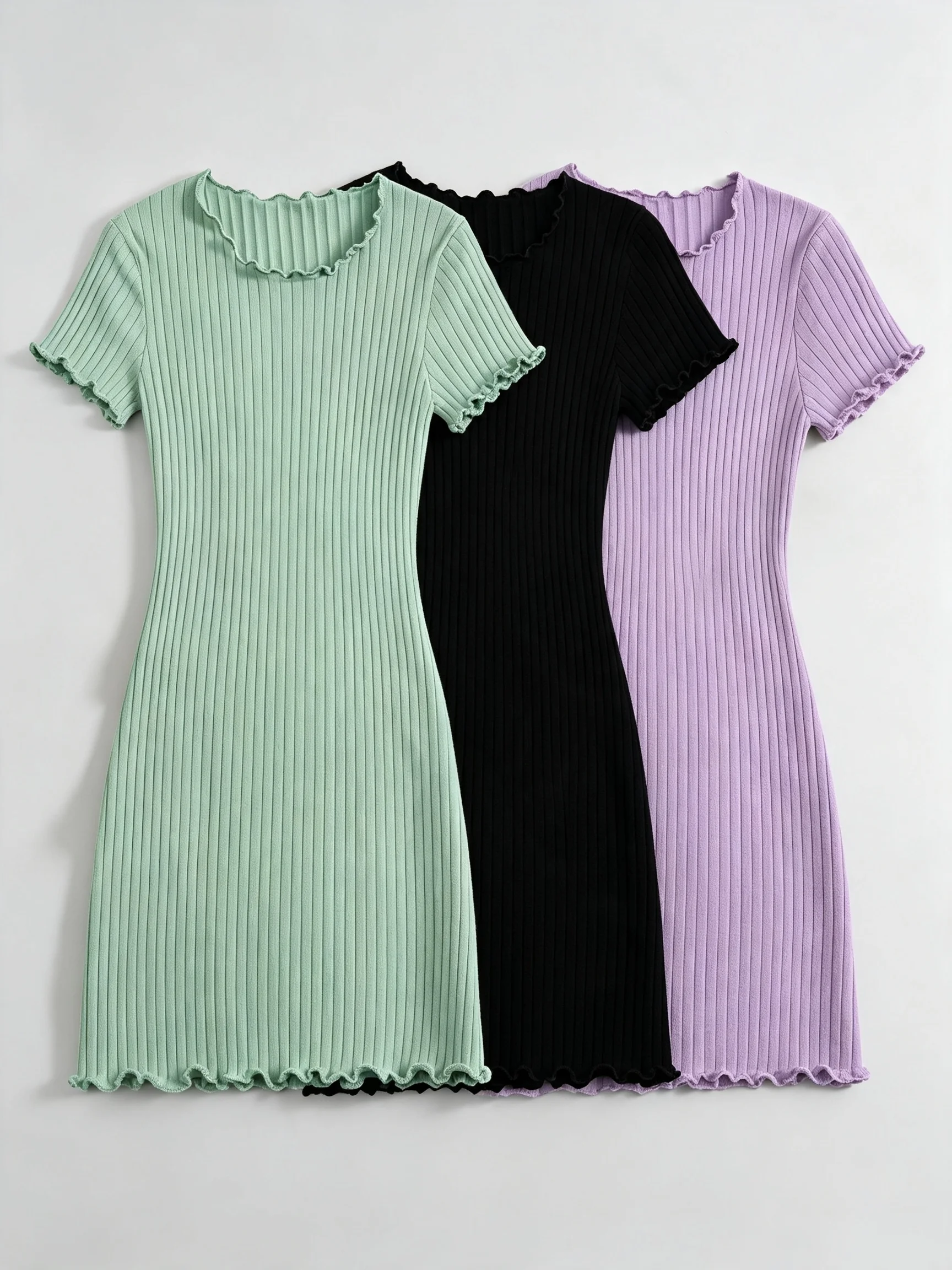 3-teiliges Set Elegante Damen-Rippstrick-Minikleider, Texturiertes Bodycon-Kleid mit Hoher Dehnbarkeit