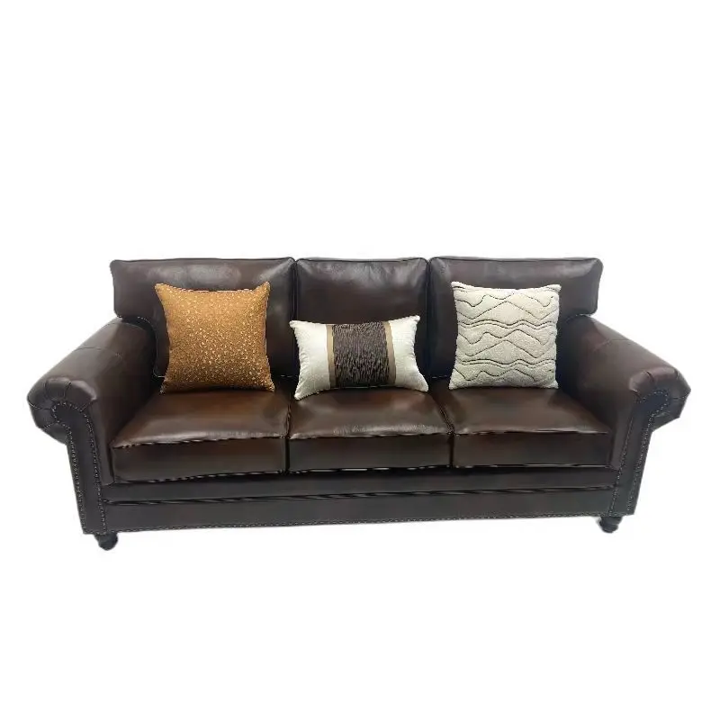 

Living room combination three-person straight row American sofa oil wax leather first layer cowhide retro style brown