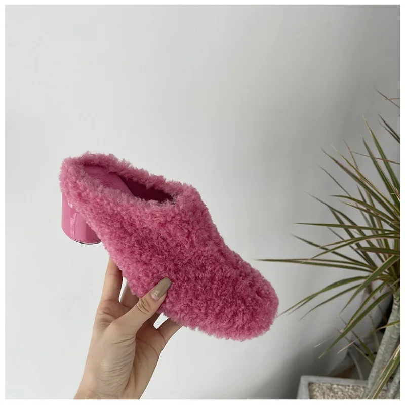

Women's Winter Outdoor Wear Furry Slippers mid Heel High Heel Shoes Soft Inner Lined Fur Slip-On Shoes Red Color