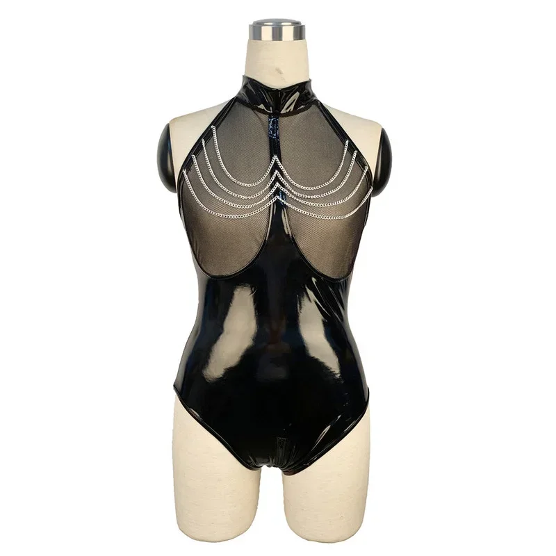 

Women Shiny Wet Look Faux Leather Mesh Catsuit PVC Latex Bodysuit Sexy Zipper Open Crotch Rompers Fetish Dance Clubwear Jumpsuit