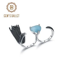 GEM'S BALLET 925 Sterling Silver Gemstone Two Finger Ring Natural Heart Aqua-blue Calcedony Adjustaboe Open Gift For Her